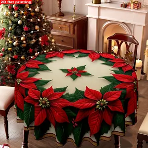 1pc Christmas Poinsettia-Themed Round Tablecloth | Festive Floral-Printed Tableware Cover for Home Kitchen and Dining Room, Ideal for Party and Holiday Table Settings, Perfect for Living Room Coffee Table and Family Gatherings