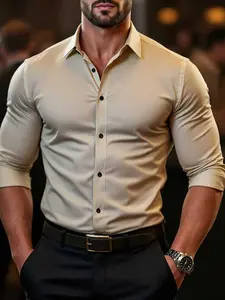 Men's Business Shirt, Long Sleeve, Fitted, Top, Classic Point Collar Design, Durable Fabric, Perfect for Office & Party Wear (color CS36Khaki)