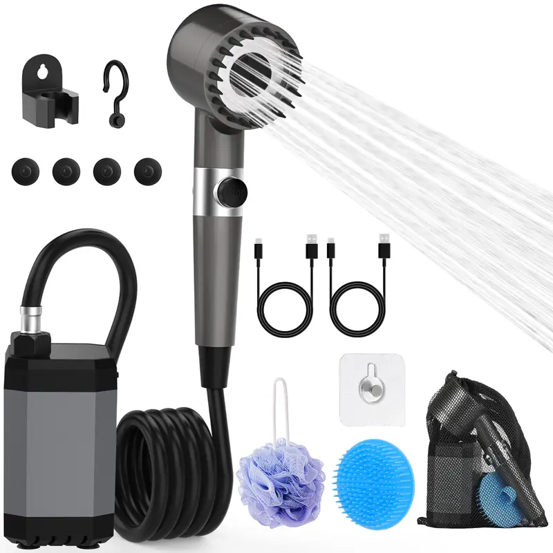 MoKo Portable Shower Pump Camping Gear - 12000mAh Rechargeable Outdoor Power Bank with LED Display, Battery Level & Water Temp Indicators, Dual Hooks, Easy to Operate, Effective Filtration, Batteries for Camping Pet Cleaning