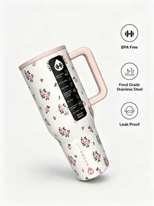 40oz HydroJug Stylish Portable Insulated Stainless Steel Tumbler - Floral Rose Print, Leak-Proof, with Handle & Straw, Vacuum Flask for Coffee, Travel Use