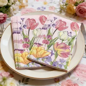 20 Pieces of Tulip Wedding Theme Napkins, featuring floral and butterfly patterns. These napkins are suitable for use as table decorations at occasions such as Mother's Day, spring picnics, wedding banquets, and afternoon tea birthday parties.