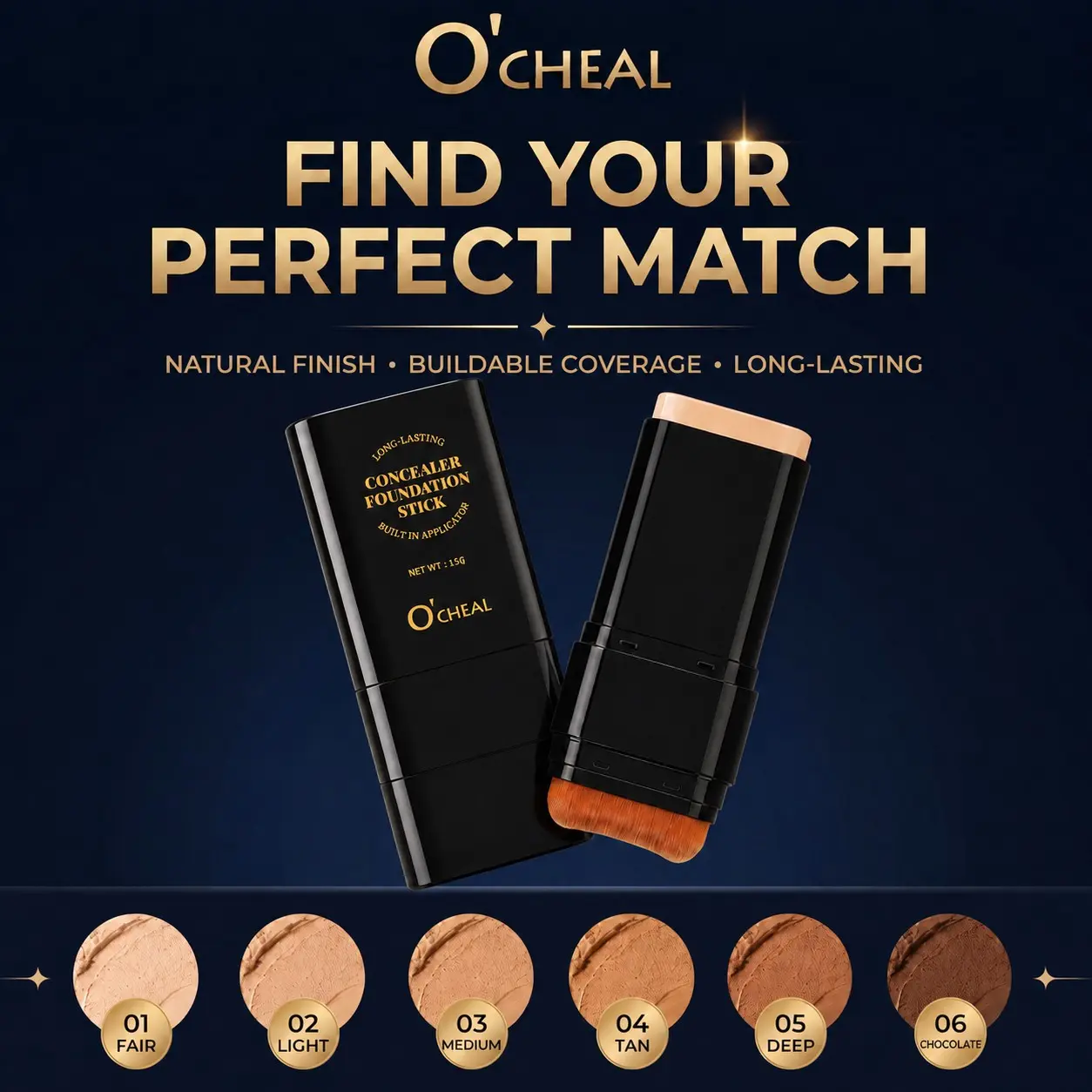 Dual-Ended Foundation Concealer Stick, Lightweight Daily Makeup, 6 Shades Available, Covers Blemishes for All Skin Type