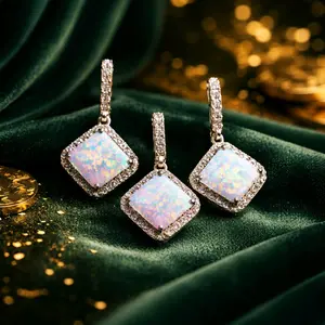 Opal Square Dangle Earrings with Diamond Accents  sirconias for Fashion Jewelry - Elegant & Sparkling Design. 925 Silver
