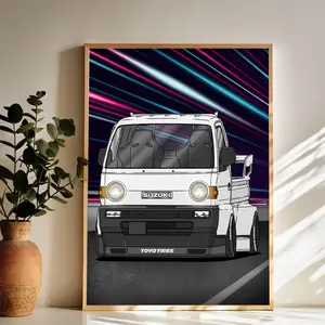 Stylized Suzuki Truck Illustration Wall Art Vintage Black and White Art Posters Funky Aesthetic Canvas Prints Retro Bar Cart Decor for Bar Bedroom