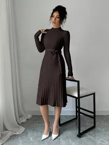 Women’s Elegant Ribbed Knit Midi Dress Long Sleeve Slim Fit Pullover with Waist Belt Minimalist Design for Casual & Semi-Formal