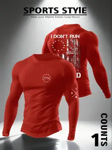 Men's Flag Pattern Crewneck Elastic Long Sleeve Top, Sporty Fitness Apparel, Gym Athletic Clothes, Gym Sportswear with Logo Print, Moisture-Wicking Fabric, Suitable for Gym Training, Sports, Perfect for Modern Fitness Wardrobe