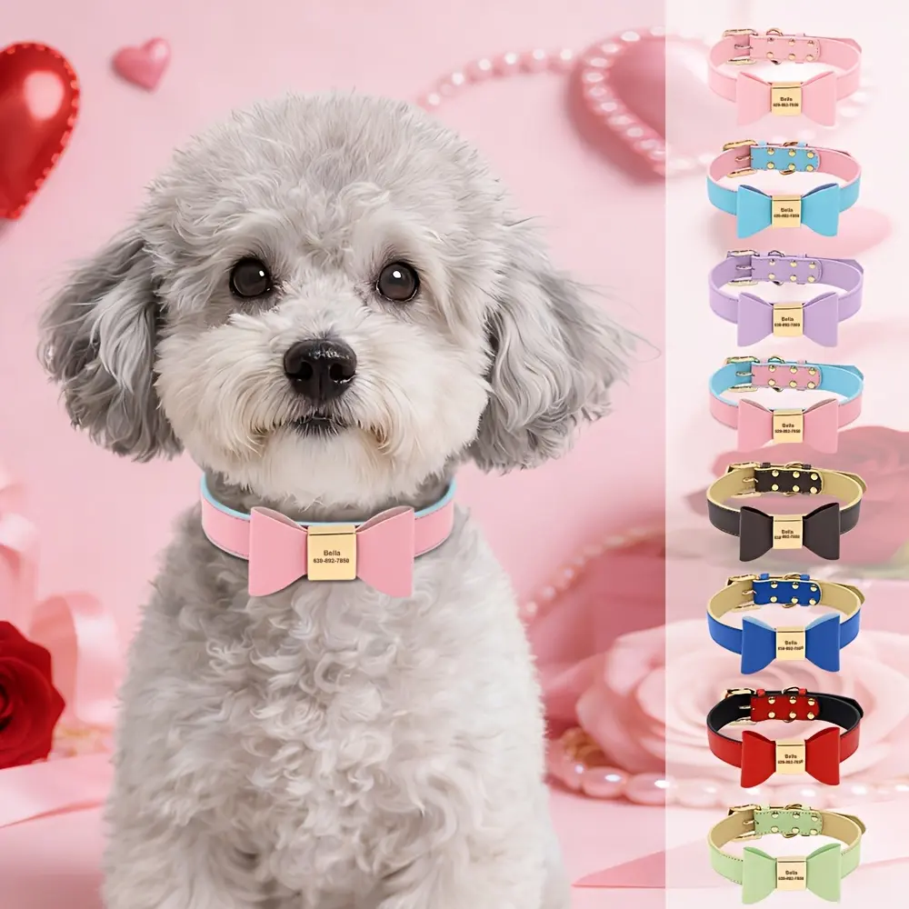 Personalized Synthetic Leather Dog Collar - Custom Engraved Pet ID Name Collar with Bowknot, Macron Colors, Suitable for Small-Medium Dogs/Cats, Christmas & Valentine's Day Gift Pet Supplies, Collars