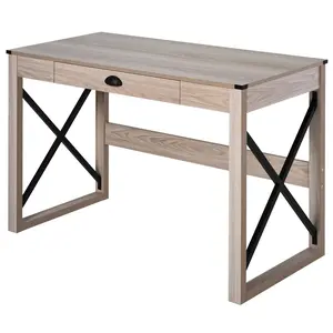 HOMCOM 44-in Home Office Computer Desk - Home Office Furniture, Rustic Farmhouse Work Table, X-Frame Stationary Desk with Drawers