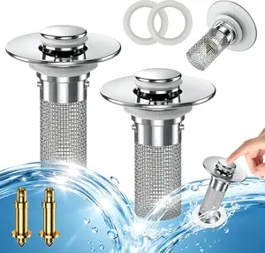 removable stainless steel，2 pcs Pop-Up Bathroom Sink Drain Strainer, Stainless Steel Hair Catcher Basket with Brass Drain Plug, for Bathroom Sinks, Bathtubs, Showers & Floor Drains ,Adjustable, Durable.