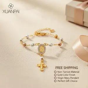 Free Shipping XP Faith Rosary Bracelet Virgin Mary Cross Pendants Charm Accessories for Women ,Non Tarnish Jewelry Gold Plated Copper Beaded Hand Chain Gift for her