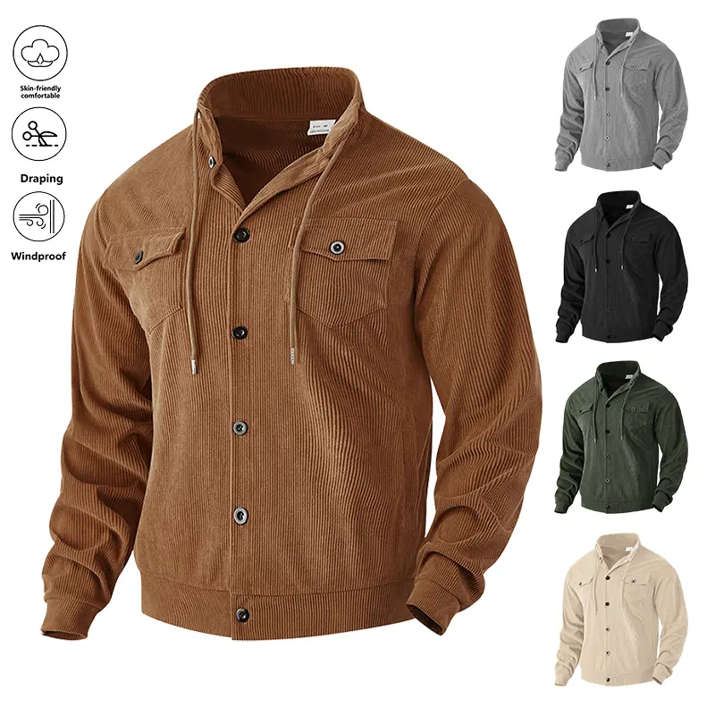 Life keeps moving — men’s corduroy solid-color workwear jacket with multiple pockets, collegiate style, elegant button design for spring/autumn, drawstring detailing, flap pocket jacket, suitable for plus-size and tall individuals.