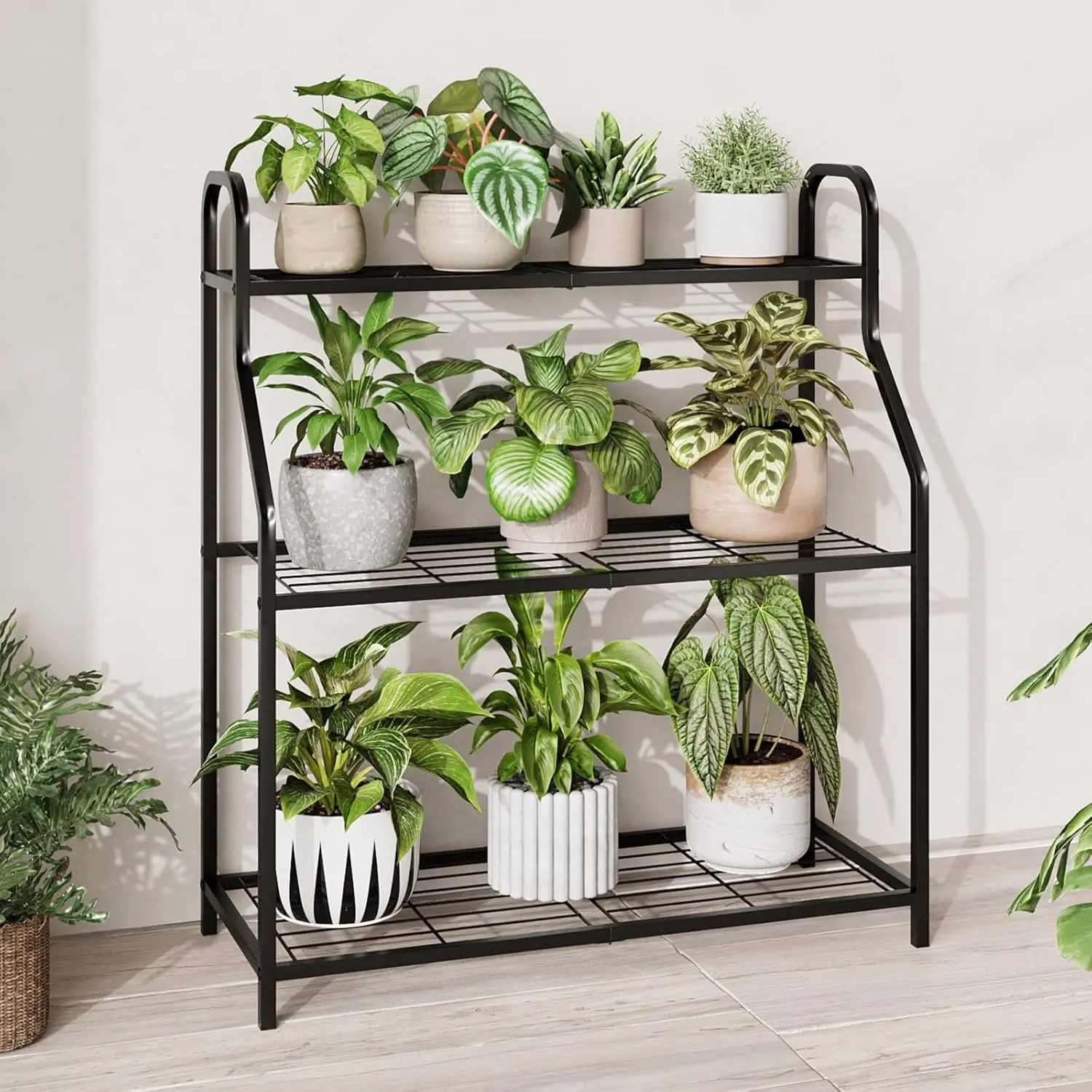 Bamworld Iron Plant Stand Indoor and Outdoor Plant Stand Balcony Plant Stand Outdoor Pot Holder with 3 Shelves Sturdy and Durable Design, Indoor/Outdoor