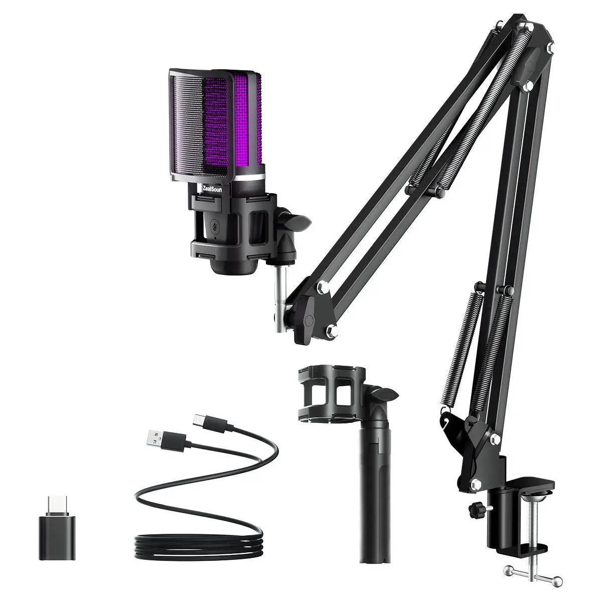 Multifunctional USB Microphone, 1 Set Live Broadcast & Interview Microphone Kit With RGB Light, Tripod & Cantilever Mount, Type-c adapter