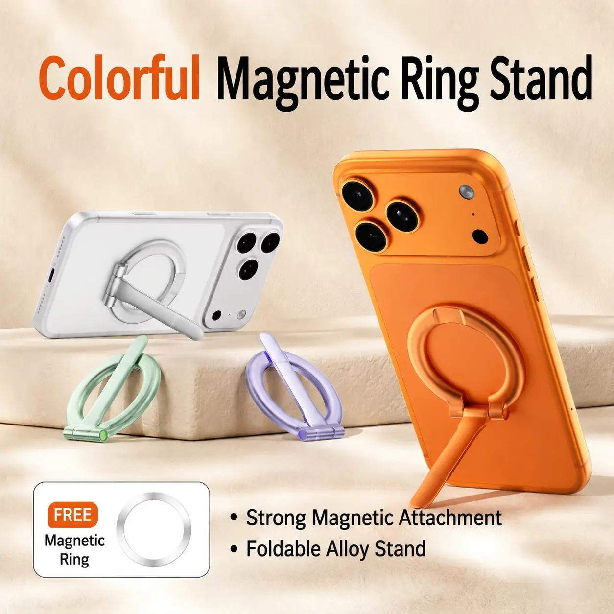 Ultra Thin Magnetic Phone Stand 360° Rotation Ring Holder Grip, 180° Foldable Metal Kickstand, Matte Protective Finger Grip Loop for Desk & Selfie, Slim Zinc Alloy Finger Loop for Magnetic Cases and Android Phones
