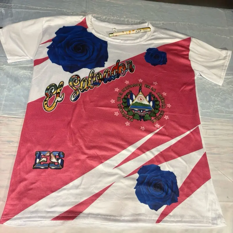 Youth X-large El Salvador Rose Design Pink T-shirt with National Emblem and Blue Rose Accents