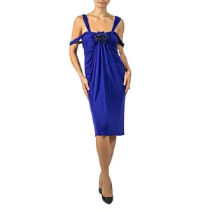 1990S DONNA KARAN Purple Rayon Draped Dress With Braided Neckline And Flower