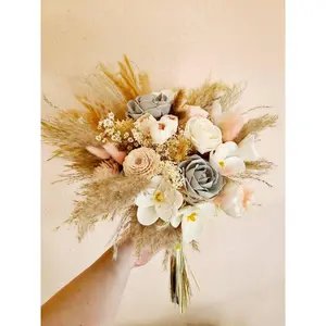 Boho Blush Wooden Flowers with Pampas Grass Bouquet