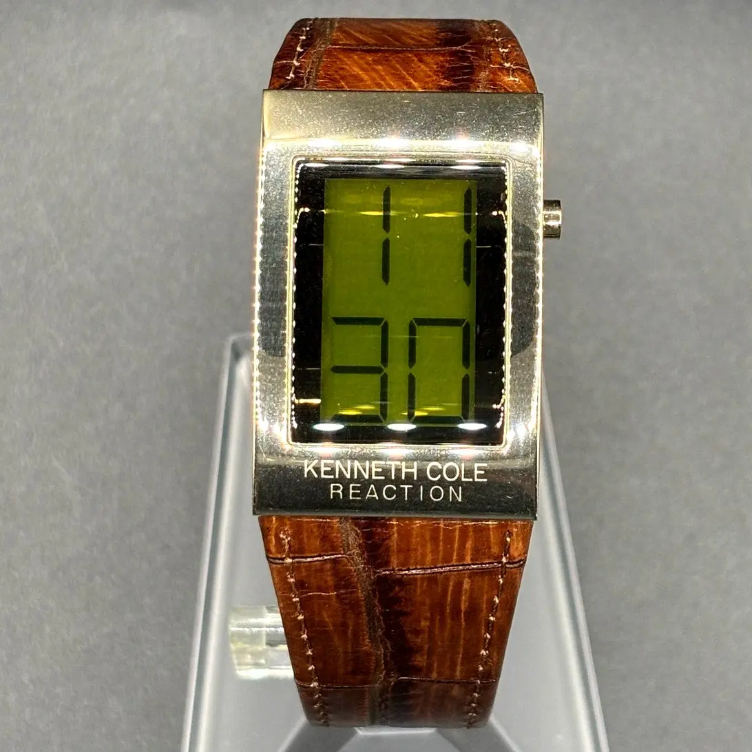 Kenneth Cole Reaction KC1398 Digital Gold Tone Brown Embossed Leather Watch Y2K