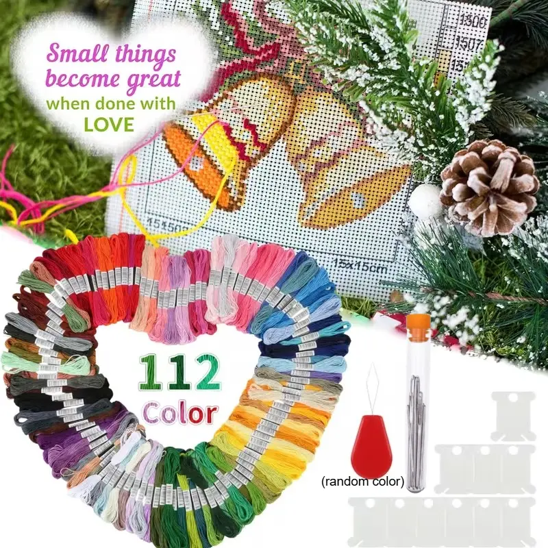 132 Pcs Embroidery Thread Kit, including 112 pieces of yarn, 9 embroidery needles, 10 winding boards, and 1 threading tool, for DIY embroidery cross stitch craft projects