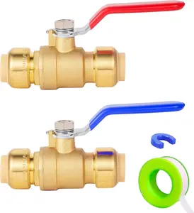 1/2 Inch Push-Fit Full Port Ball Valve for Hot and Cold Water,1/2Inch Ball Valve,Pushfit Water Shut Off Valve Push to Connect Plumbing Valve to Work with Pex,Copper,CPVCNo Lead Brass,1Red+1Blue