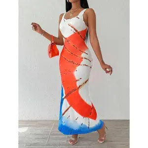 SummerWomen'sSleevelessRoundNeckY2KPrintedBodyconMaxiDress,BeachVacation/Party/GraduationSeasonOutfitCasualFabric