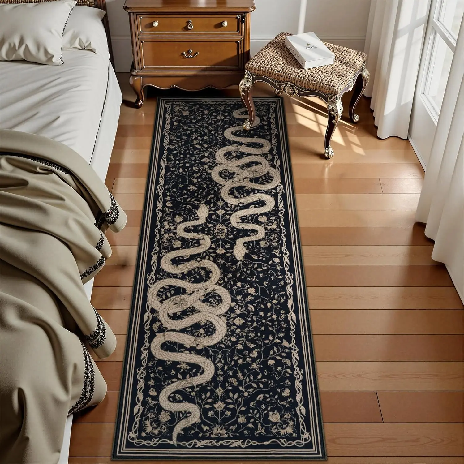 Snake pattern rug, Bohemian Washable Rugs, Boho style runner rug, Boho Graphic Rug, Indoor Rug, soft and washable design, 1PC bedroom decorative mat, comfortable area rug, home décoration, suitable for hallways, living rooms, bedrooms