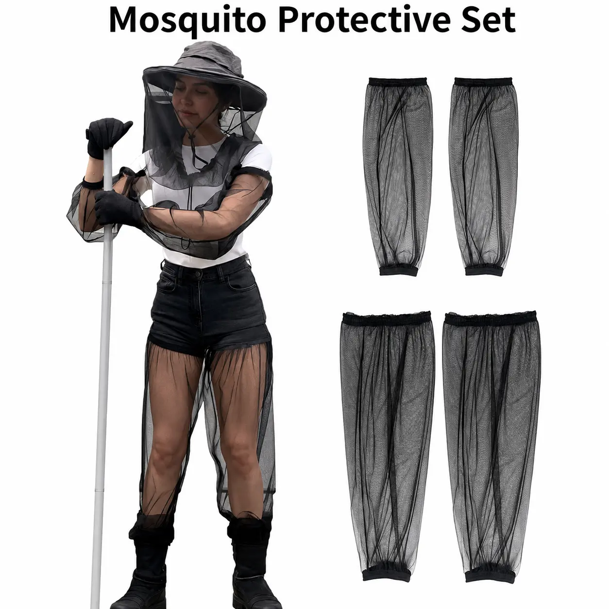 Mesh Fabric Insect Proof Mosquito Protection Gear Set Pack – Full Cover Head Net, Snug Fit Arm Sleeves, Snug Fit Leg Covers for Outdoor Activities, Unisex