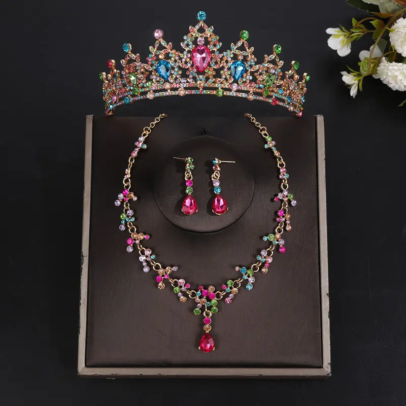 Gold mixed color crown+necklace+earring