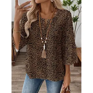 Comfortable neckline leopard print shirt, regular hem and loose sleeves, leopard print top, animal print top, V-neck leopard print top, brown leopard print top, autumn clothing, fashionable women's shirt, casual style