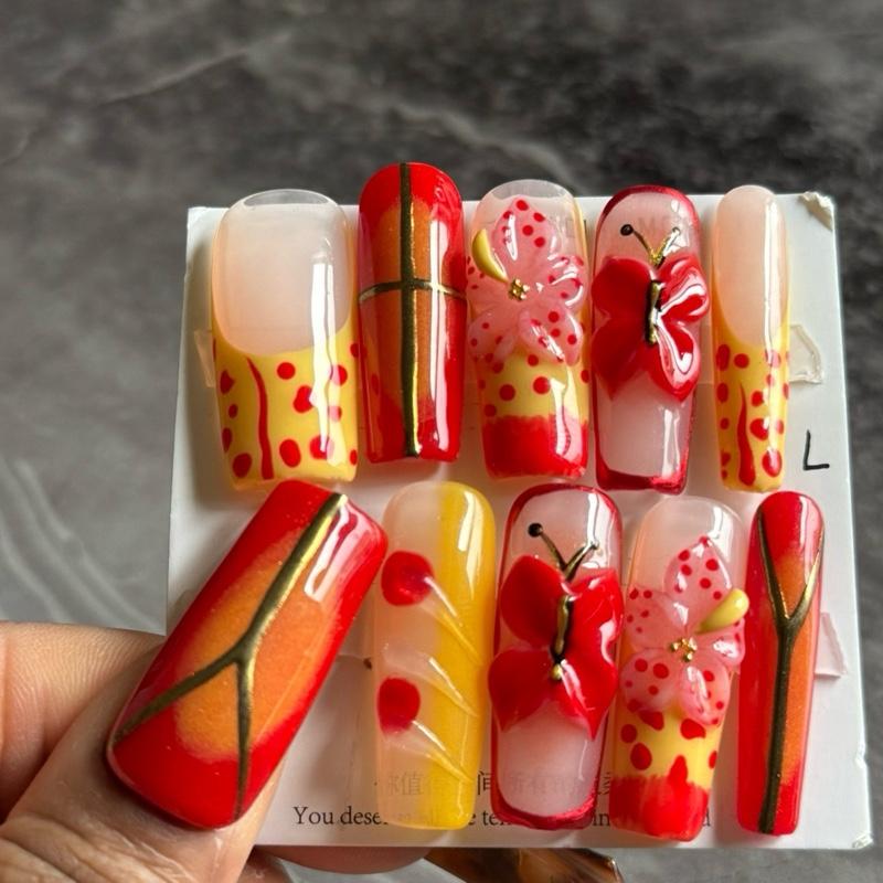 1.2 inches Square Acrylic Press-On Nails with Small Medium & Large Varieties Featuring Floral & Star Design for Stylish Manicure