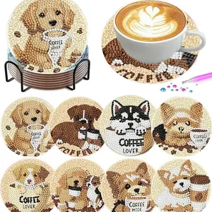 8 pieces/set animal dog pattern diamond painted coaster set Sparkling rhinestone heat-resistant beverage mat with holder DIY coaster beginner, diamond set craft supplies, artificial diamond art craft supplies gift
