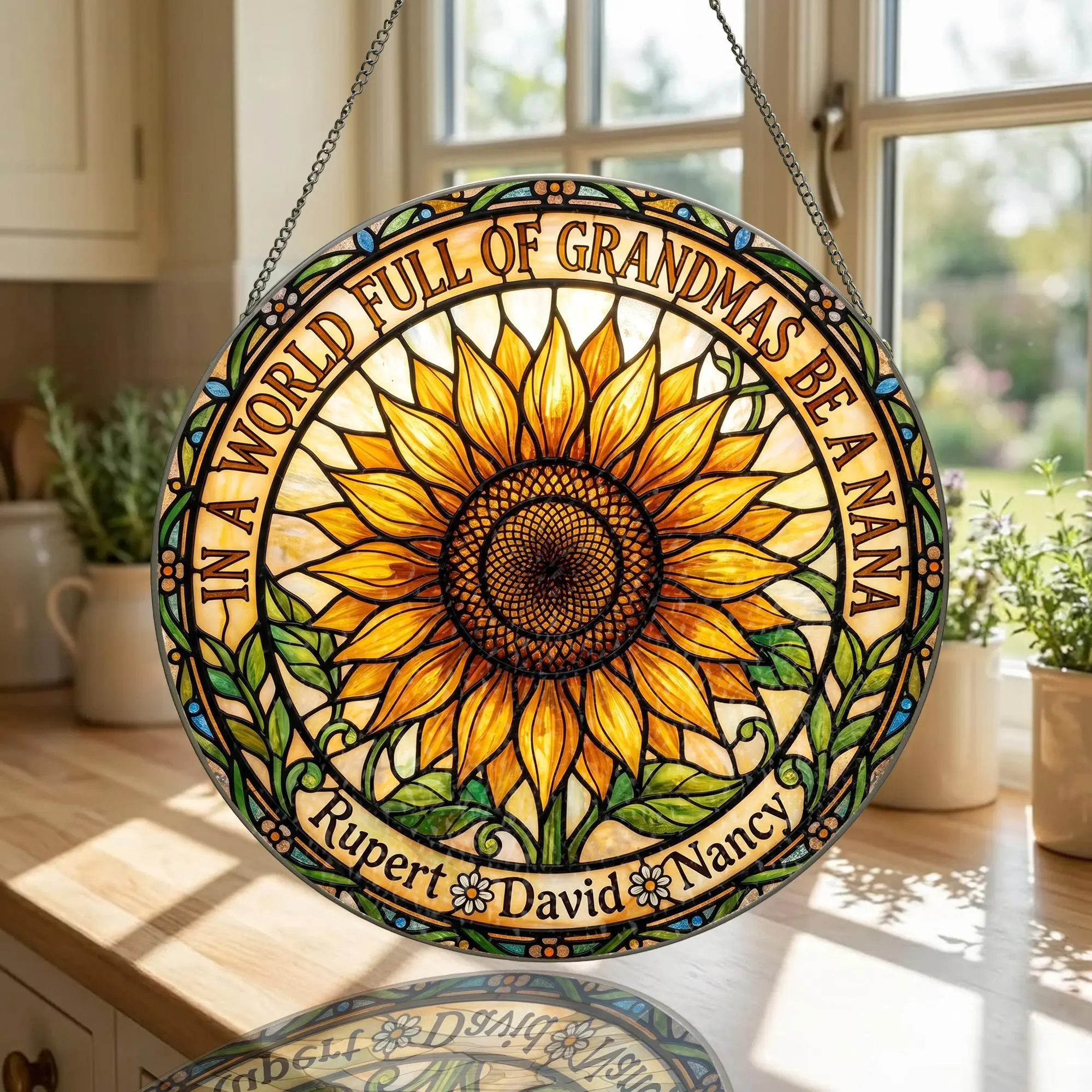 [Made in US] Custom Sunflower Glass Suncatcher Personalized Grandma Nana Window Hanging Round Floral Decor