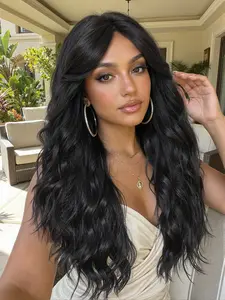 Synthetic Wig with Bangs, 24 Inch Long Curly Hair, Rose Net Soft Natural Look, for Music Festivals All Seasons, Natural Looking Wigs, Synthetic Fiber Wigs