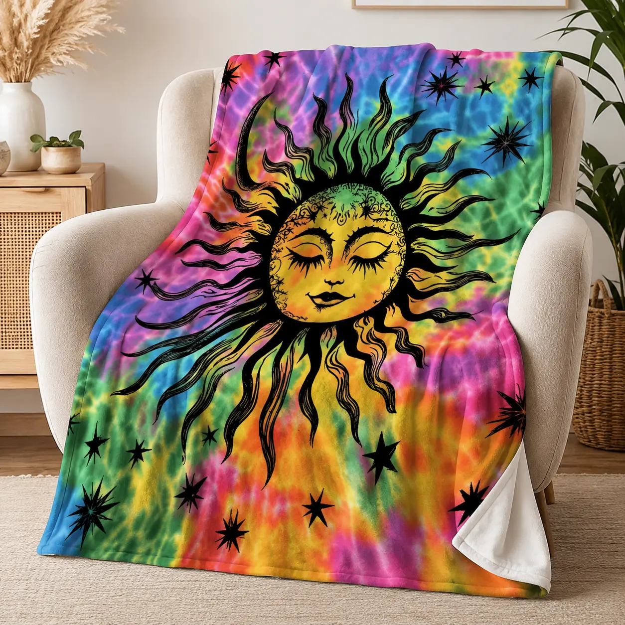 Tie Dye Sun Flannel Throw Blanket, Super Soft Lightweight Celestial Rainbow Fleece Blanket for Adults & Kids, Cozy Single-Sided Print Blanket with White Reverse, Warm All Season Bed Chair Home Decor Gift