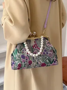 Women's Fashionable Floral Print Crossbody Bag, Handbag Shoulder Purse, Casual Versatile Pearl Decorated Shoulder Bag for Daily Used, Suitable for Holiday Scenes