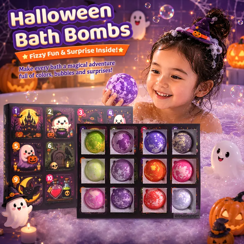 IYOKUJI CLUB 12-Pack Halloween Bath Bombs (with Toys)—A spooky gift set of Halloween bath bombs with toys, colorful bubble bath bombs, Halloween gifts, and party favors