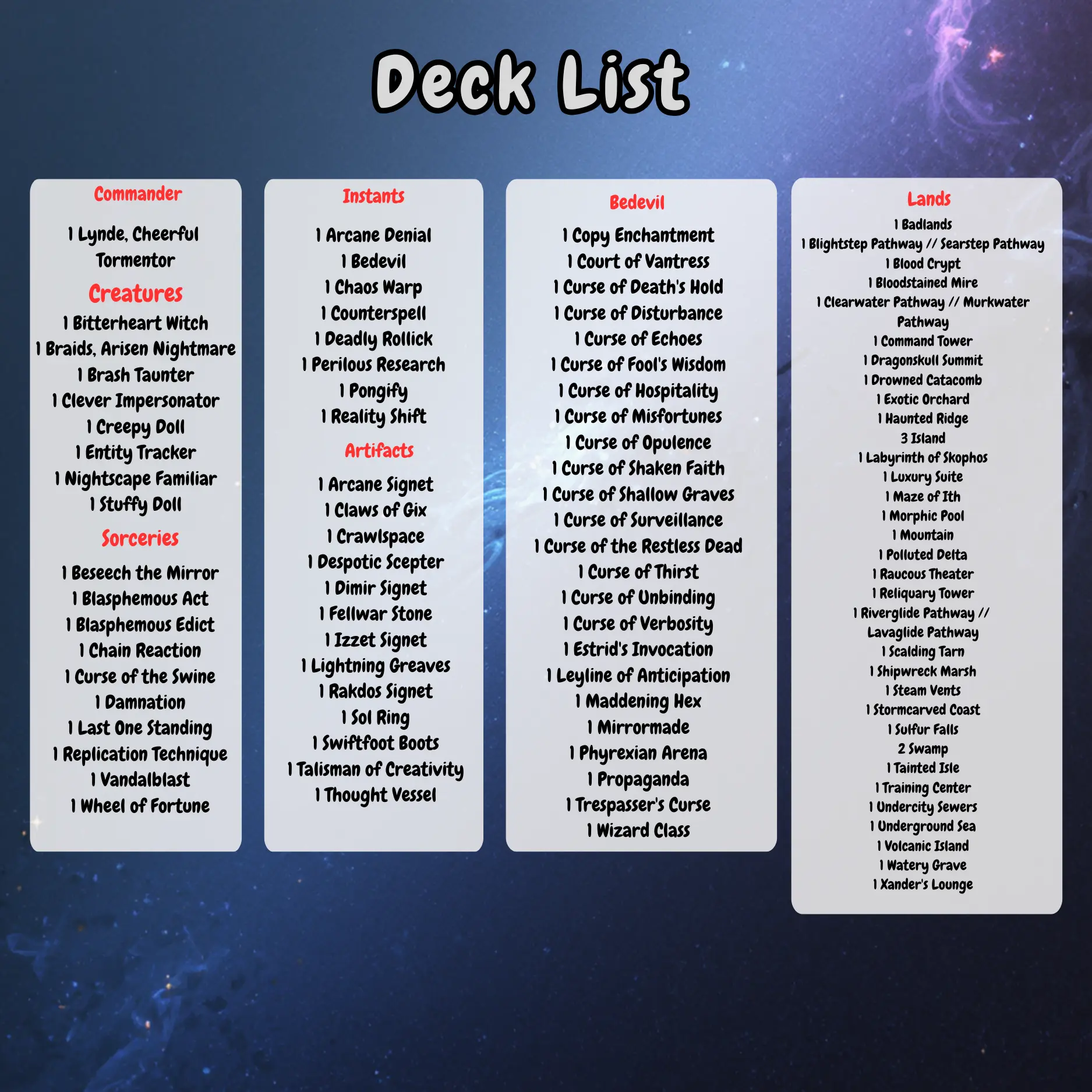 mtg commander curse deck Upgrading the Blight that feature new and returning mechanics as well as art from new and returning Lorwyn artists Lynde, Cheerful Tormentor (Commander) -