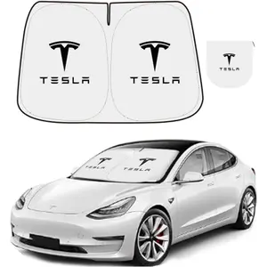 300T Sunshade for Tesla Model Y Model 3, Car Accessories 2026 for Tesla, Front Window Sunshade with Organizer Bag, Gifts for Tesla Owners