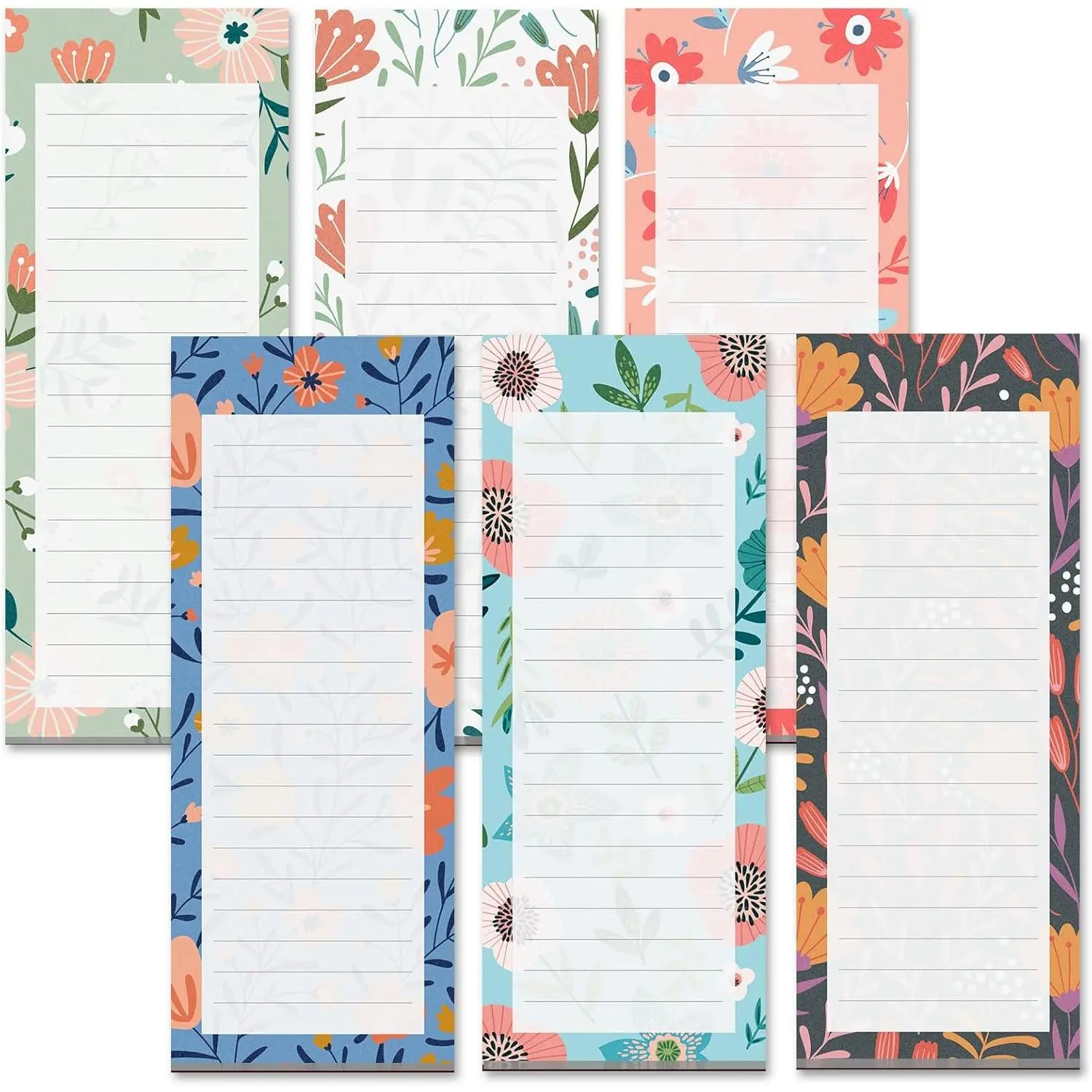Grocery List Magnet Pad for Fridge, 6-Pack Magnetic Note Pads Lists, 60 Sheets Per Pad, 6 Cute Floral Designs, Full Magnet Back To-Do-List Notepads