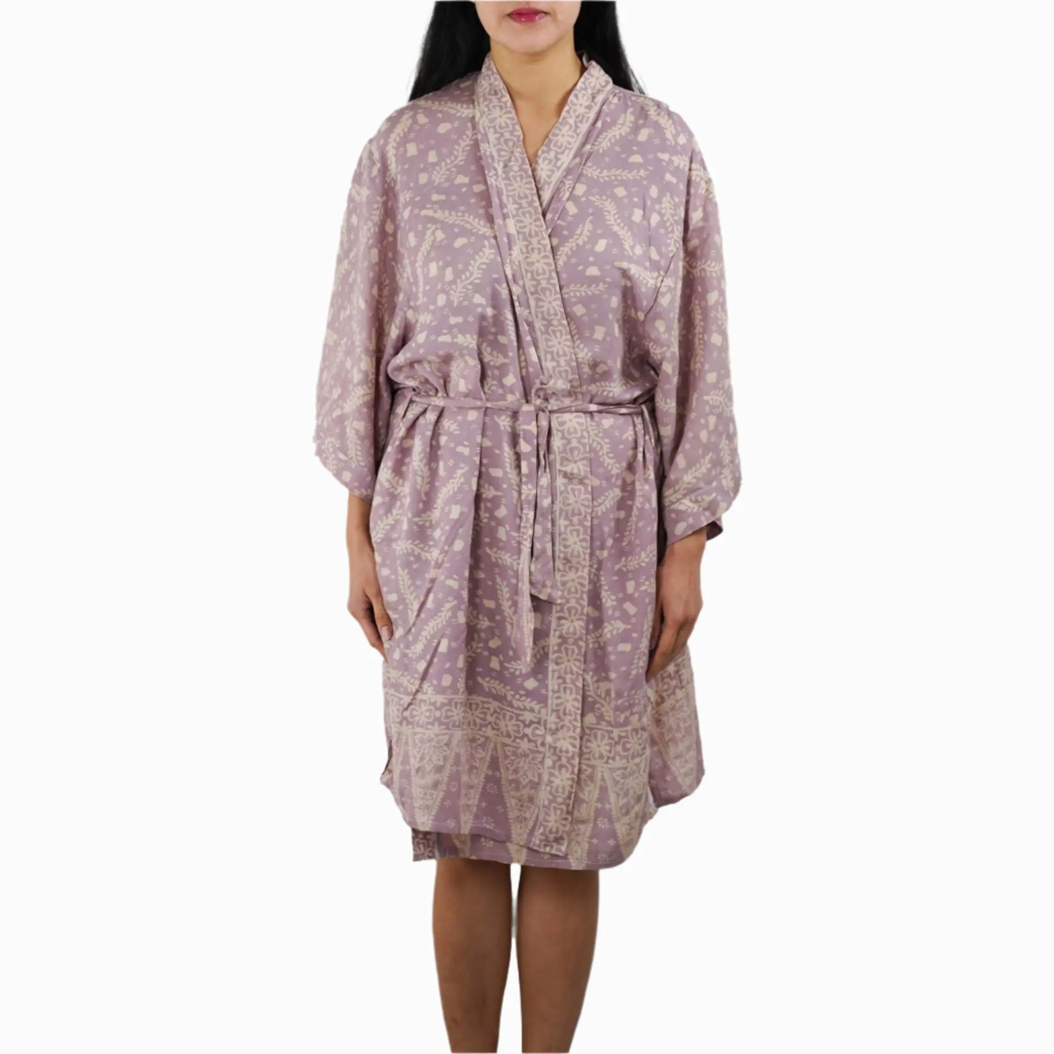 Hand Dyed Batik Robe Kimono, 100% Cotton Soft, Purple Lilac Lavender Fabric Womenswear