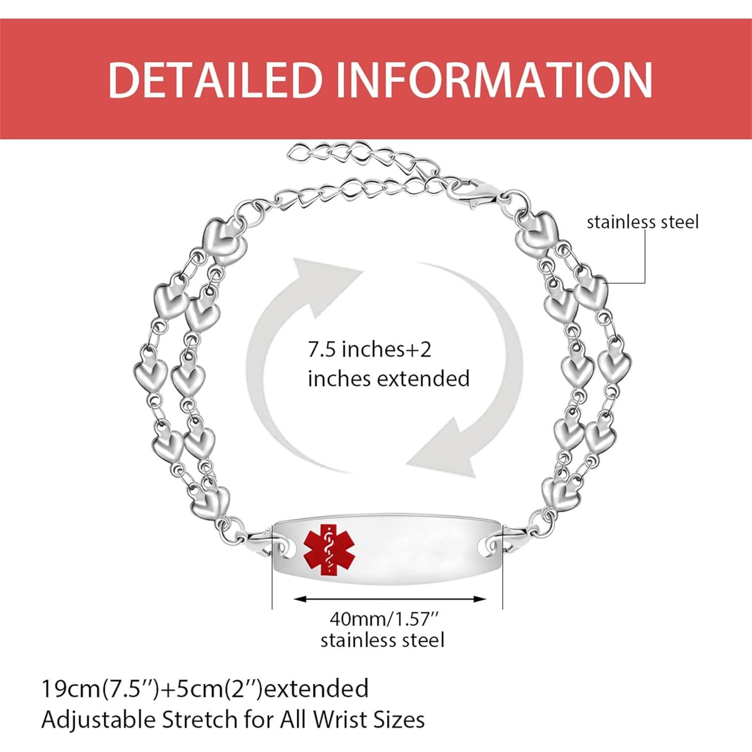 Uloveido Heart ID Bracelet for Women, Double Chain Wristband with Emergency Info Access, Elegant Safety Jewelry for Daily Wear