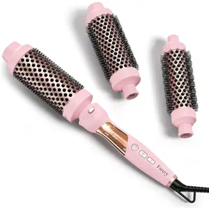 Thermal Brush Set 3 in 1, Ceramic Curling Wand & Hot Brush with 9 Temperatures. 3 Interchangeable Travel Curling Irons for Short, Medium & Long Hair for Gifts for Women(1.25'', 1.5'' & 1.75'' Barrels)