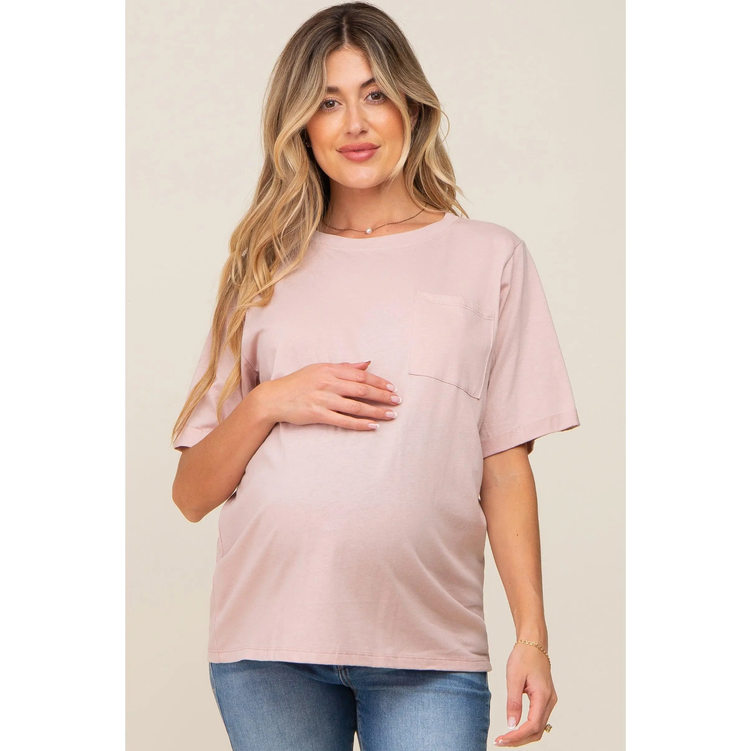 Light Pink Oversized Pocket Front Short Sleeve Maternity Top