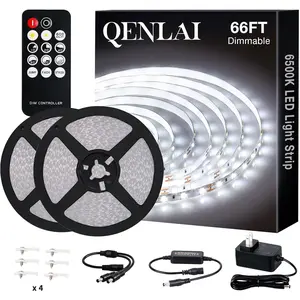 66ft White LED Strip Lights, Upgraded 6500K Dimmable Tape Lights with Remote and Plug, 12V 1200 LEDs Flexible Cuttable Led Light Strips for Bedroom Ceiling Kitchen Under Cabinet(2pcs of 33ft)
