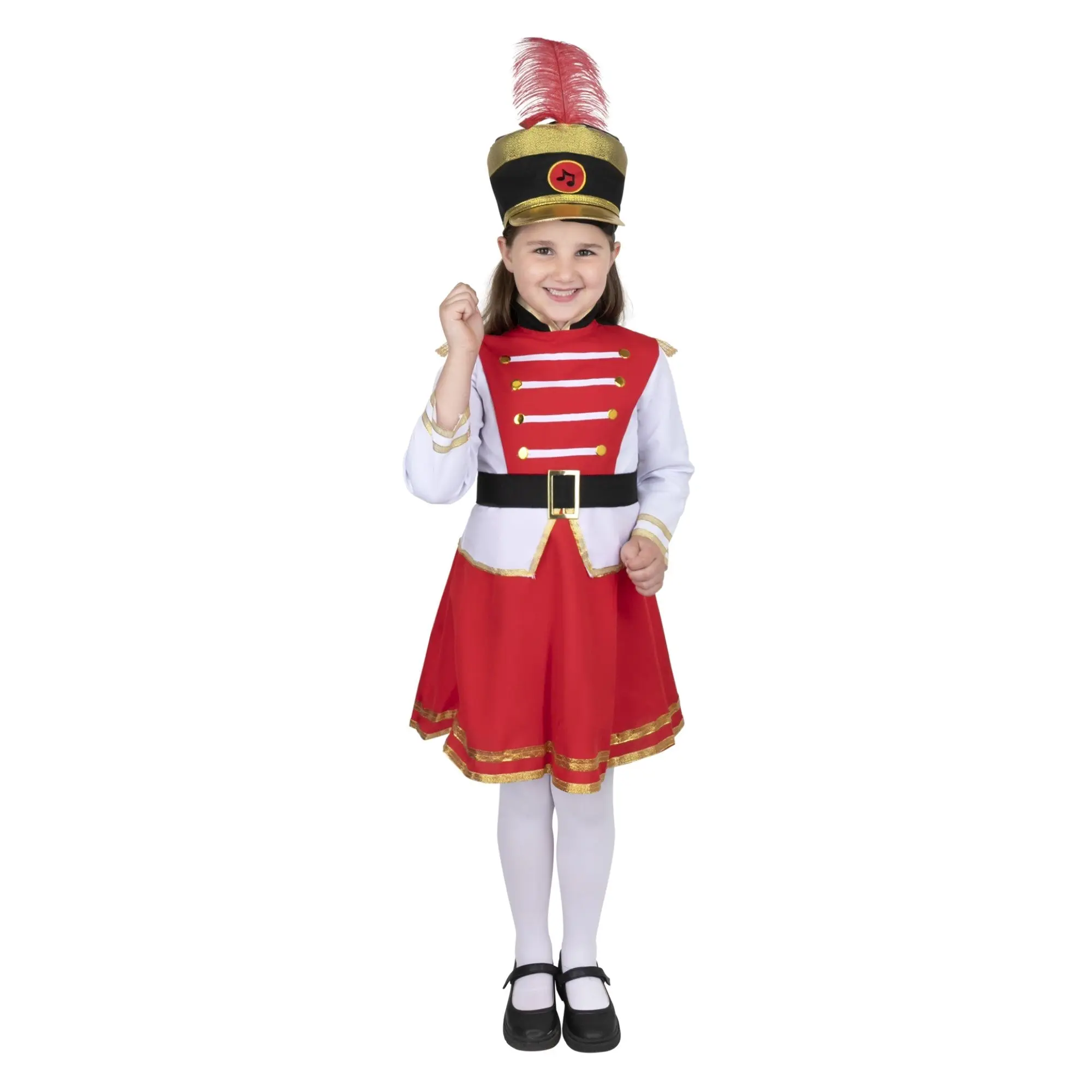 Drum Majorette Costume For Kids - Red & White Marching Band Leader Outfit with Feathered Hat - Perfect For Halloween, Pretend Play Fun & Cosplay