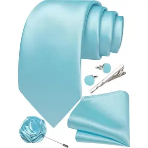 Solid Color Ties for Men Silk Satin Necktie and Pocket Square Cufflinks Tie Clip Lapel Pin Set Wedding Business 5PCS