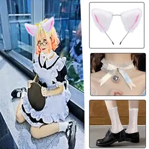 3pcs Cute Cat Costume Set for Neko Role Play and Daily Wear, Playtime Attire, Fluffy Ears, Lace Collar, Transparent Socks, Cat Girl Role Play
