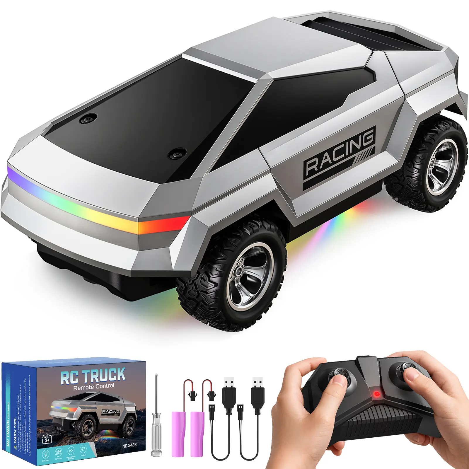 Remote Control Car Truck 1:24 2.4GHz All Terrain High Speed RC Truck with Loadspace Colorful LED Lights Metal Frame RC Car Toys for Boys Girls Age 3-8 Birthday Party Gift indoor fun  Drift High-Speed Vehicle