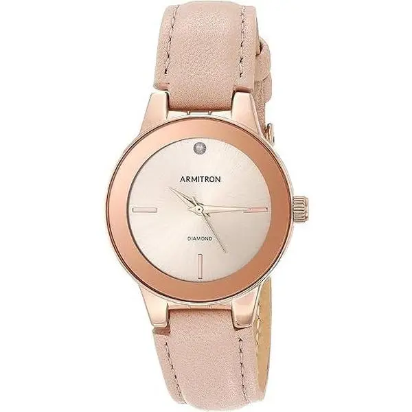 Armitron Rose Gold-Tone Diamond Accented Beige Leather Ladies Watch 75-5410RSRGBH, Quartz Analog Watch, Casual Round Dial, Leather Quartz Watches