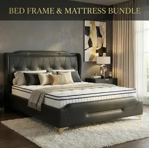 Queen Bed Frame with Mattress, PU Leather Wingback Headboard, Noise-Free, Easy Assembly, No Box Spring Needed – Cama queen con colchón